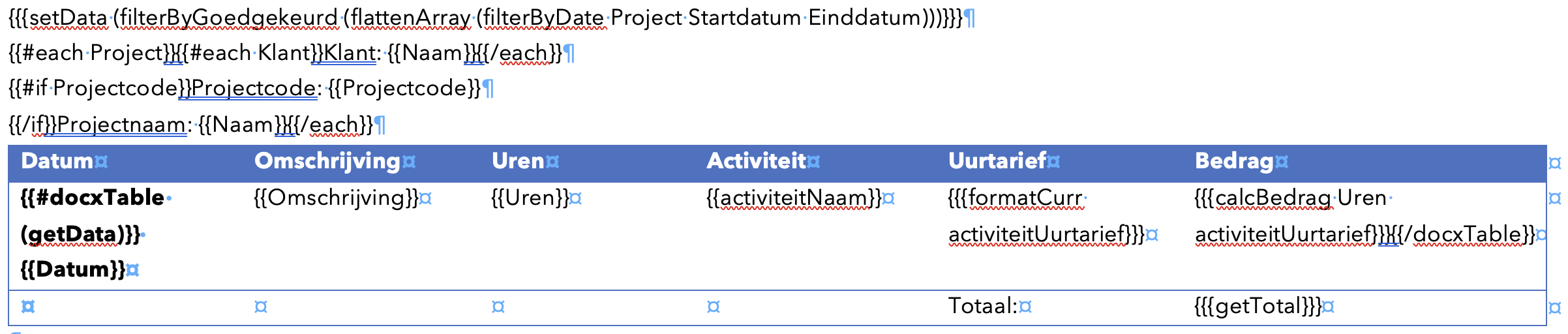 Word template table